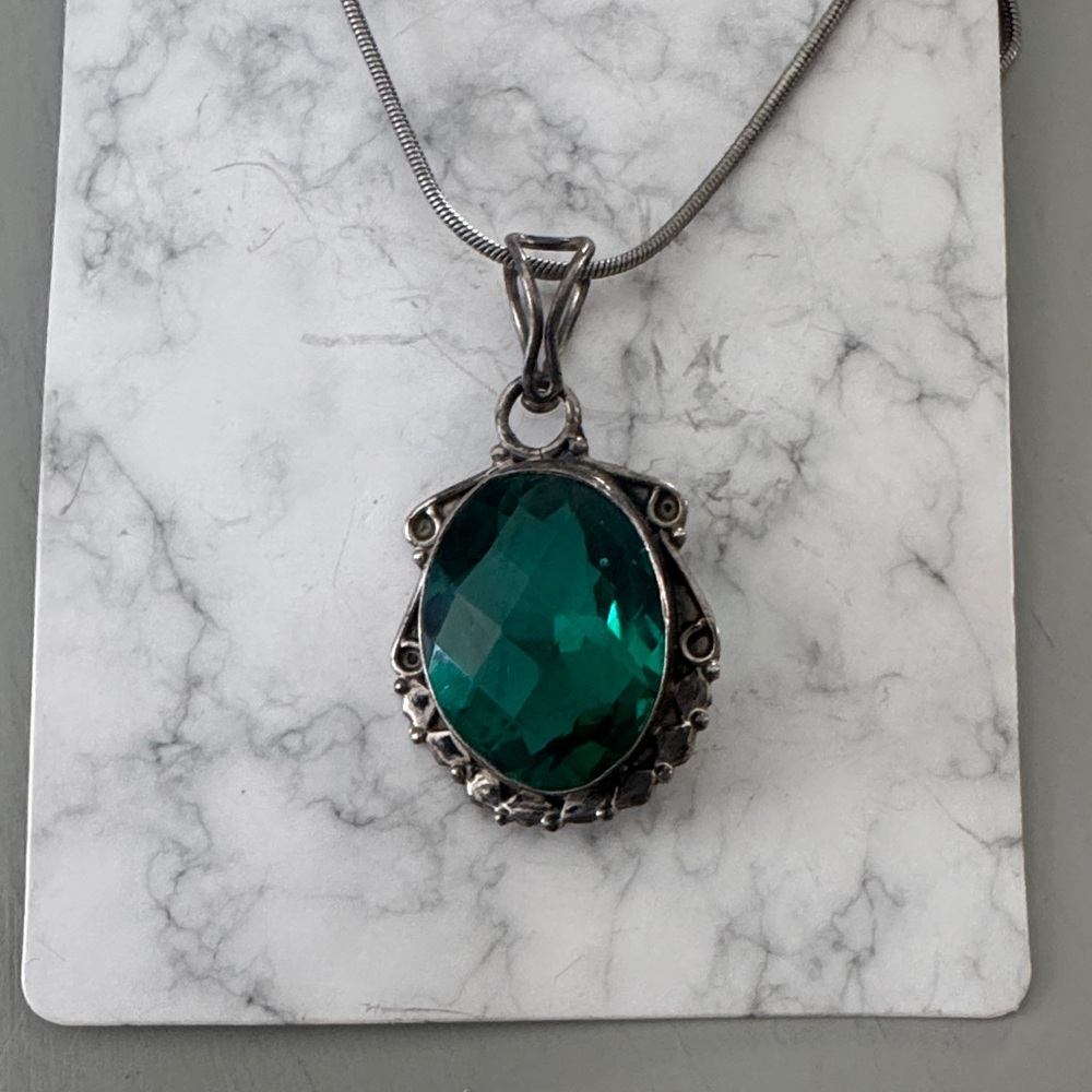 Sterling Silver Necklace with Aqua Green Gemstone